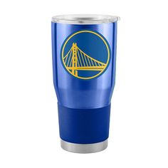 the golden state warriors logo on a blue tumbler cup