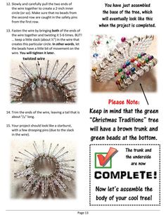 the instructions to make a christmas tree ornament with beads and wire, including instructions for