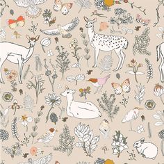 an illustration of deers and flowers on a beige background