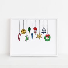 this Christmas Ornaments 8x10 art print by Sunny Day Designs features 9 colorful holiday Xmas ornaments hanging from strings on a white background. This illustration is proudly made in the USA and printed on watercolor paper. Christmas Ornaments Art, Whimsical Christmas Art, Watercolor Christmas Ornaments, Colorful Christmas Ornaments, Whiteboard Art, Textured Watercolor, Christmas Card Art, 8x10 Art Prints, Colorful Christmas