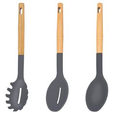 three cooking utensils with wooden handles, one black and the other light gray