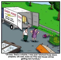 a cartoon depicting two people standing in front of a moving truck