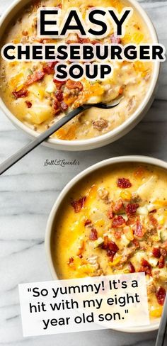 two bowls of cheeseburger soup on a marble table with the words easy cheeseburger soup