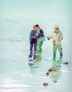 two men are fishing in the water while another man is holding a rod and standing next to them