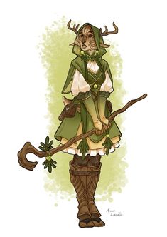 a drawing of a woman dressed in green and brown clothing with horns on her head