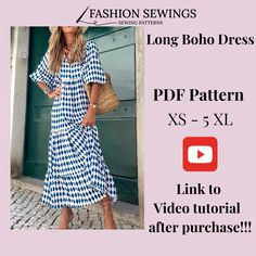 a woman in a blue and white dress with the text, long boho dress xs - 5xl link to video