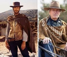 two pictures of men with hats and scarves, one is wearing a cowboy hat