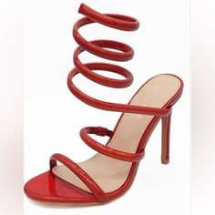 Red Round Toe Ankle Strap Heels Has 4.5 Inch Heel Red Strappy Sandals With 4-inch Heel, Red Synthetic Sandals With Pointed Toe, Red Pointed Toe Synthetic Sandals, Red Synthetic Pointed Toe Sandals, Red Heels With Wrapped Heel And Ankle Strap, Red High Heel Shoes With Heel Loop, Red Strappy Heels With 4-inch Heel, Red Synthetic Heels With Heel Loop, Red Open Heel Shoes With Heel Loop