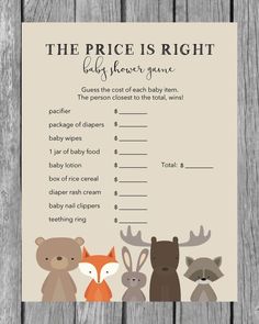 the price is right baby shower game with bears and foxes on it's back