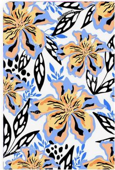 an orange and blue flower pattern on a white background with black, yellow, and pink flowers