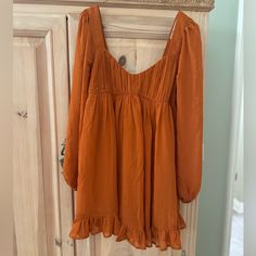 Xs Never Worn. With Tags. Burnt Orange Long Sleeve Dress, Burnt Orange Velvet Dress Short, Lined Long Sleeve Mini Dress For Date Night, Chic Long Sleeve Lined Mini Dress, Long Sleeve Lined Mini Dress For Summer, Fall Mini Dress For Brunch, Flowy Lined Mini Dress For Brunch, Fall Sundress For Date Night, Fall Lined Knee-length Mini Dress