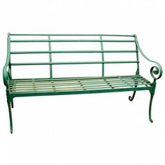 a green metal bench sitting on top of a white background