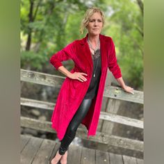 Add A Luxe Touch To Any Look With This Totally Timeless Duster Featured In A Staple Longline Silhouette With Versatile Button-Front Closure. Silver Color Will Be A Statement Piece For Formal Or Casual Dress. Shapeless Silhouette, Midi-Length, Available In 2 Sizes M/L Care/Import Hand Wash Cold Chic Red Long Outerwear, Chic Long Red Outerwear, Velvet Duster, Long A Line, Midi Length, Red Velvet, Silver Color, Casual Dress, Jackets & Coats