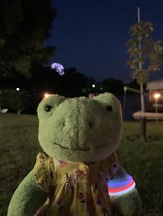 a green stuffed frog sitting in the grass at night with its eyes open and tongue out