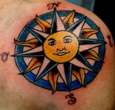 a sun tattoo on the back of a man's shoulder, with numbers and symbols around it