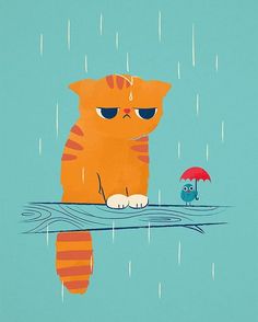 an orange cat sitting on top of a tree branch in the rain next to a blue bird