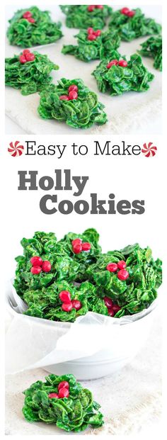 easy to make holly cookies on a white plate