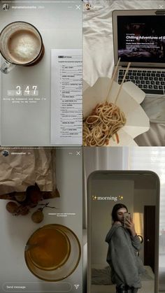 there are four different pictures with food and drinks on the same page, one has a laptop