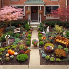 a house with lots of flowers and plants around it