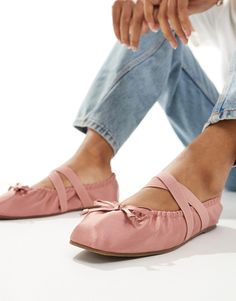 Shoes by ASOS DESIGN Um, yes pliés Elasticized straps Bow detail Square toe Flat sole Best Shoes For Wide Feet For Women, Satin Ballet Flats, Sacs Tote Bags, Ballet Style, Platform Flats, Winter Party Dress, Ballet Pink, Wide Shoes, Maternity Shops