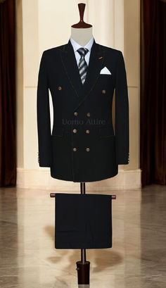 Luxury Men's Formal Wear Black Double-breasted Suit With Double Button Closure, Black Double-breasted Tuxedo For Business, Black Double-breasted Tuxedo For Office, Elegant Black Three-piece Suit With Buttons, Black Tuxedo With Double Button Closure For Business, Black Double Breasted Suit For Formal Occasions, Black Double-breasted Suit For Formal Occasions, Black Double Button Business Suit, Black Double Breasted Suit For Semi-formal Events