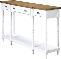 a white and wood console table with two drawers on one side, in front of a white background