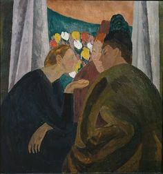 an oil painting of two women looking at each other in front of a window with white curtains