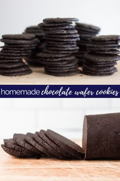 the homemade chocolate water cookies are stacked on top of each other and ready to be eaten