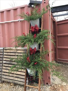 a ladder with christmas decorations on it in front of a building