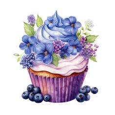 a painting of a cupcake with blueberries and purple flowers on top, surrounded by berries