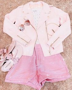 shop my girly Pink Monochromatic Outfit, Pink Casual Outfit, Minimal Chic Outfits, Casual Shorts Outfit, Cute Outfits With Shorts, Girly Tops, Classy Blouses, Outfit For Summer, Pleather Jacket