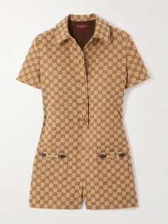 Gucci's playsuit is reminiscent of '60s styles. Made from canvas jacquard-woven with the 'GG' monogram, it's designed for a loose fit and features the signature horsebit embellishments on the patch pockets. Leave a few buttons undone along the partially concealed placket. Gucci Women Outfit, Gucci Style Women, Gucci Romper, Gucci Clothes Women, Gucci Jumpsuit, Gucci Elegant, Gucci Outfits Women, Designer Clothes Women, Drip Fashion