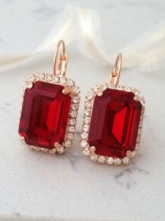 Red earrings,Red ruby dangle earrings,Red Bridal earrings,Red Bridesmaids gift,Swarovski rectangle e Bridal Earrings Studs, White Opal Earrings, Red Bridesmaids, Rectangle Earrings, Earring Gift, Ruby Earrings, Ruby Jewelry, Earrings Red, Red Earrings