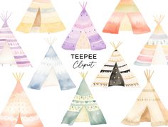 watercolor teepeee clipart with different colors and patterns on the top one