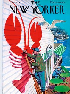 an advertisement for the new yorker, featuring lobsters and men on a boat