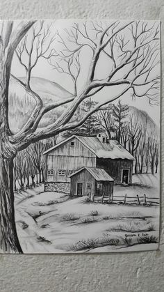 a black and white drawing of a barn in the snow with trees on either side