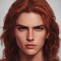 a digital painting of a woman's face with red hair and blue eyes, close up