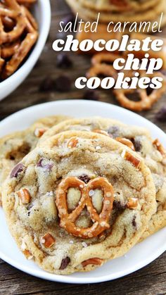 salted caramel chocolate chip cookies on a white plate with pretzels in the background