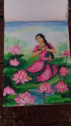 a painting of a woman sitting on top of a lily pond