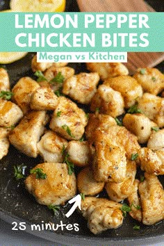 lemon pepper chicken bites in a skillet with parsley on top and the recipe below