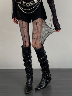 These striking fishnet tights feature an edgy design adorned with bold cross patterns. Perfect for adding a touch of gothic flair to any outfit, these tights stand out with their unique and eye-catching style. Made for those who love to mix daring fashion with intricate details, they are an ideal choice for making a statement.  The price includes one pair of fishnet tights only. Black Leg Warmers, Steampunk Fashion Female, Knitted Leg Warmers, Steampunk Fashion Male, Gothic Skirts, Edgy Design, Black Fishnets, Leg Sleeves, Fishnet Tights