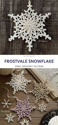 crochet snowflake pattern with text that says frosty, free crochet pattern