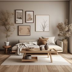 This Pin shows a living room decorated with monochromatic neutral beige and brown tones, there is a beige couch and a wood living room table, pots with dried plants and a beautiful art gallery Wall displayed on the wall on top of the couch. Japandi Living Room, Japandi Interior Design, Japandi Home, Japandi Living, Casa Country, Cosy Living, Cosy Living Room, 아파트 인테리어, Living Room Scandinavian