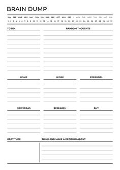 the brain dump worksheet is shown in black and white, with text on it