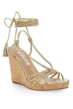 Aquazzura havana wedge 110 in soft gold. Leather upper, Leather lining, Leather soleWedge heel: 110mm Made in Italy Strappy Wedge Sandals, Gold Wedges, Aquazzura Shoes, Girly Shoes, Strappy Wedges, Pretty Shoes, Dream Shoes, Sandal Fashion, Pump Sandals