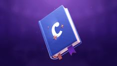 an open book with the letter c on it flying through the air over purple background