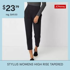 Cut for a high-rise, this pair of women's pants from Stylus is the perfect wardrobe addition for a casual or tailored look. They are made from a woven stretch fabric with a smooth elastic waistband, side and back pockets, and tapered legs that hit right at the ankle. Wear yours with a t-shirt and sneakers for an off-duty look.Front Style: Flat FrontFeatures: Stretch FabricClosure Type: Pull OnFit: Regular FitPockets: 2 Front Slip Pockets, 2 Back Faux PocketsRise: High RiseFiber Content: 83% Pol… Comfort Stretch Tapered Leg Pants With Pull-on Style, Comfort Stretch Tapered Leg Pull-on Pants, Black Stretch Ankle-length Dress Pants, Black 4-way Stretch Ankle-length Dress Pants, Black Tapered Leg Pants With 4-way Stretch, Perfect Wardrobe, Pull On Pants, Stylus, Off Duty