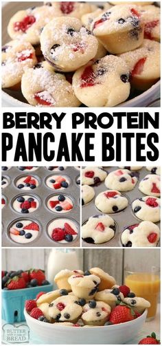 berry protein pancake bites with berries and blueberries in the middle are ready to be eaten