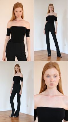 four different shots of the same woman in black clothing, one with red hair and one without