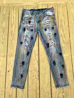 This is a new pair of Waimea distressed faded skinny blue Jeans. Tag says 38 x 32 but they measure 36 x 30. Plastic tag for original tag is still attached. Appear to have never been worn or washed. Great pair of grudged, distressed, trashed, skinny  jeans. Paint splatter on front and back. Pockets on front and back as well. Great pair of jeans for the person that likes to be different. Knoxville Tn, Denim Jeans Men, Jeans Men, Paint Splatter, Blue Jeans, Mens Jeans, Denim Jeans, Adult Outfits, Paint